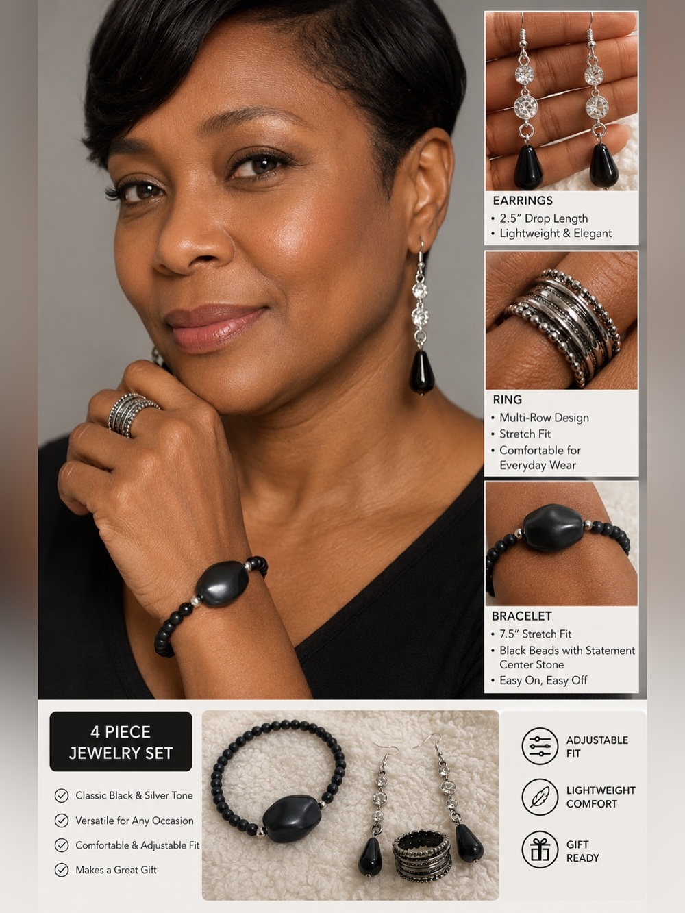 Classic Black 4-Piece Jewelry Set - Earrings, Ring, Bracelet, Beads